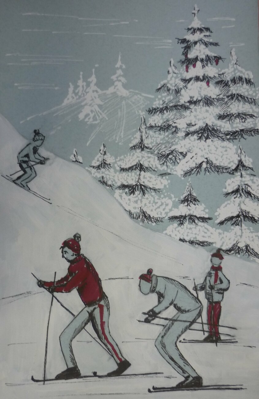 Лыжники возраст. Лыжная прогулка. Лыжная тематика. Лыжня картина. Лыжник зарисовки.